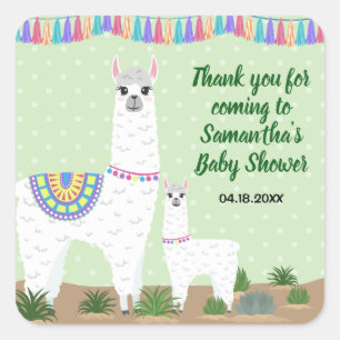 Sticker Carré Maman Llama et baby shower vert de point de polka