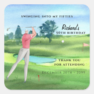 Sticker Carré Man Golf Player Swinging Fifties 50th Birthday