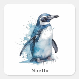 Sticker Carré Manchot aquarelle Arctique Azur, personnalisé