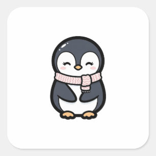 Sticker Carré Manchot Cozy – Illustration d'Animal Mignon Kawaii
