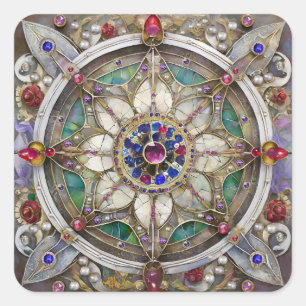 Sticker Carré Mandala de rubis, d'améthyste, de saphir et de per