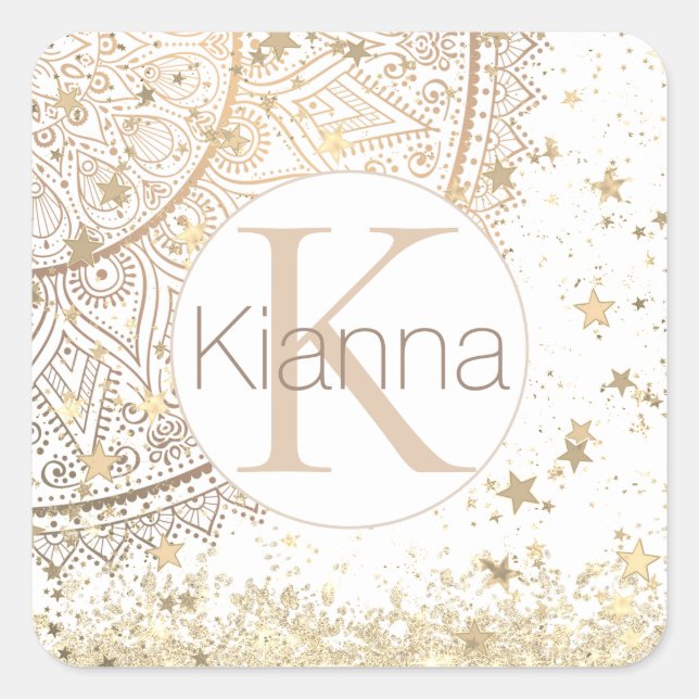 Sticker Carré Mandala enchanteur avec Monogramme Gold Stars (Devant)