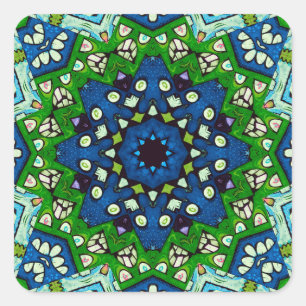 Sticker Carré Mandala Retro Mosaic Vert Motif bleu