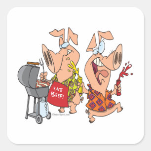 Sticker Carré manger boeuf drôle barbecue BBQ cochons