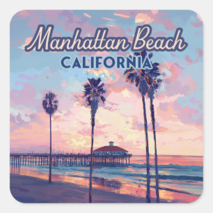 Sticker Carré Manhattan Beach Californie Los Angeles Retro