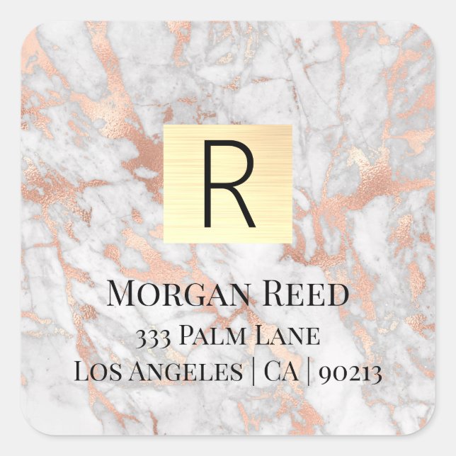 Sticker Carré Marbre or blanc/Rose Nom/Monogramme Adresse de ret (Devant)