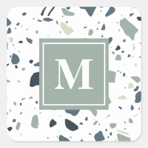 Sticker Carré Marbre Terrazzo Vert Bleu Moderne Monogramme