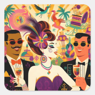 Sticker Carré Mardi Gras Cocktail Party du milieu du siècle