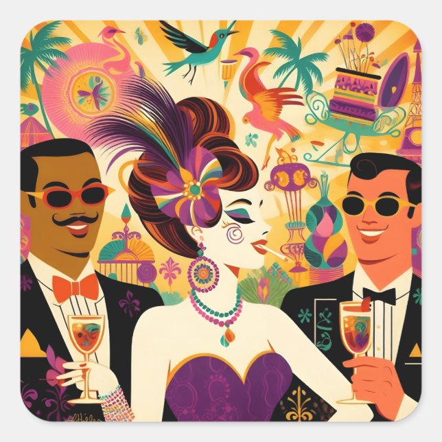 Sticker Carré Mardi Gras Cocktail Party du milieu du siècle (Devant)