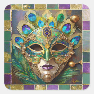 Sticker Carré Mardi Gras Gold Ceramic Peacock Feature Masque
