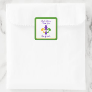 Sticker Carré Mardi Gras NOM Vert Or Violet Fleur de Lis