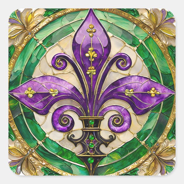 Sticker Carré Mardi Gras Vitrail Fleur de lis (Devant)