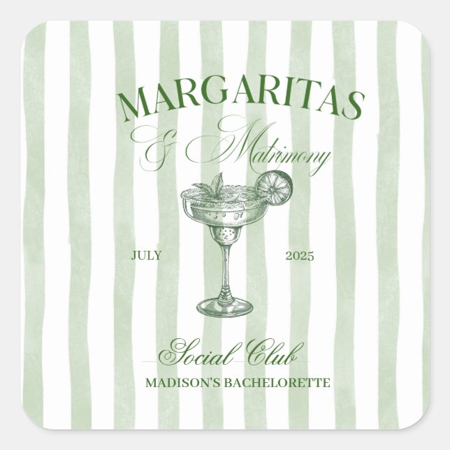 Sticker Carré Margaritas et Bachelorette rayée de mariage (Devant)
