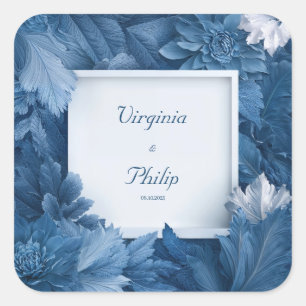 Sticker Carré Mariage à Foliage Sculptural Fleurs Bleues Monochr
