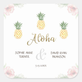 Sticker Carré Mariage à la plage d'ananas tropicale Aloha