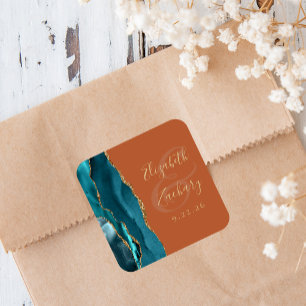 Sticker Carré Mariage Agate Geode Script Turquoise Or Doré Orang