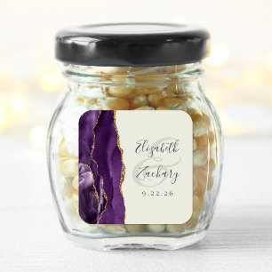Sticker Carré Mariage Agate Geode Script Violet Or Ivoire