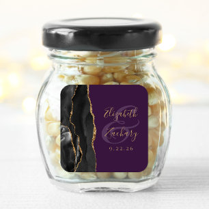 Sticker Carré Mariage Agate Script Noir Or Profond Violet
