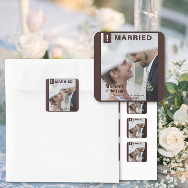 Sticker Carré Mariage Ajouter Photo Fun Magazine Couverture (Wedding Add Photo Fun Magazine Cover Square Stickers)