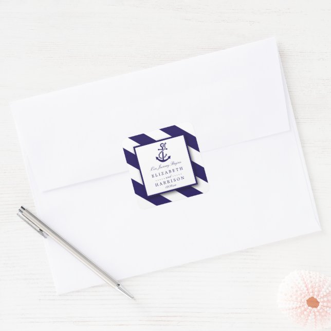 Sticker Carré Mariage Ancre bleu marine (Enveloppe)
