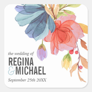 Sticker Carré Mariage Aqua Fleur sauvage monogramme en gras