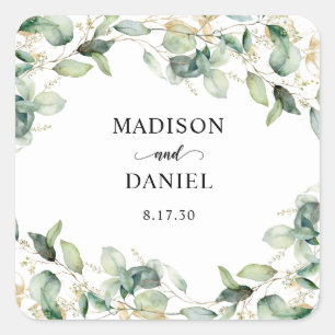 Sticker Carré Mariage aquarelle Eucalyptus Or