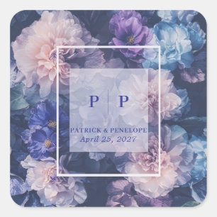 Sticker Carré Mariage Aquarelle Floral Bleu Violet Romantique
