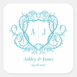 Sticker Carré Mariage Armoirie Monogramme Turquoise Rose Rampant