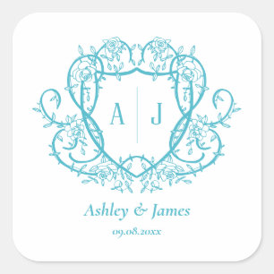Sticker Carré Mariage Armoirie Monogramme Turquoise Rose Rampant