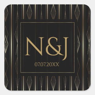 Sticker Carré Mariage Art Déco Noir et Or