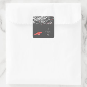 Sticker Carré Mariage asiatique Chic Rouge Origami Papier Grue