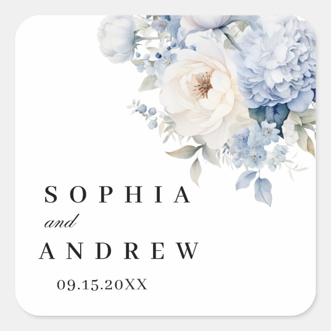 Sticker Carré Mariage aux fleurs bleues et blanche (Devant)