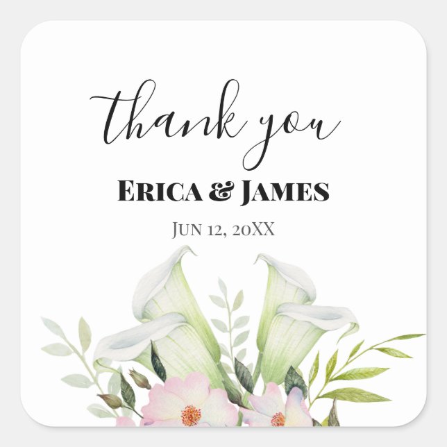 Sticker Carré Mariage blanc doux Calla Lily Merci Rose (Devant)