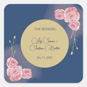 Sticker Carré Mariage bleu et rose pâle de la marine romantique