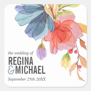Sticker Carré Mariage bleu Fleur sauvage monogramme en gras