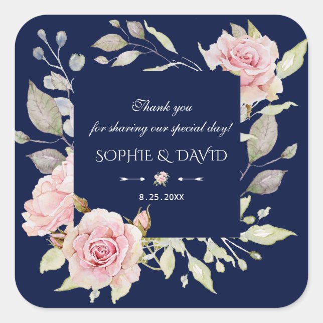Sticker Carré Mariage bleu marine à fleurs rose pâle (Devant)