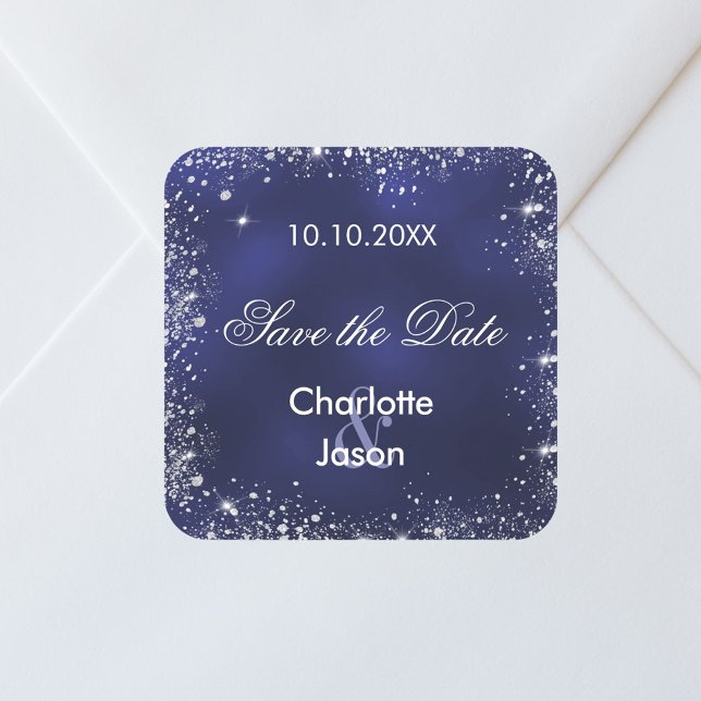 Sticker Carré Mariage bleu marine en argent Enregistrer la date (Créateur téléchargé)