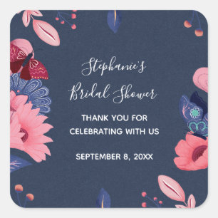 Sticker Carré Mariage bleu marine papillon floral rose
