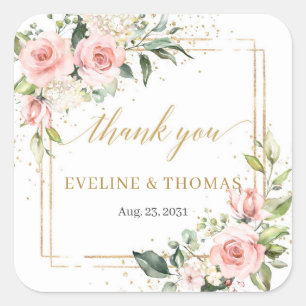 Sticker Carré Mariage bohème aux roses roses aquarelle