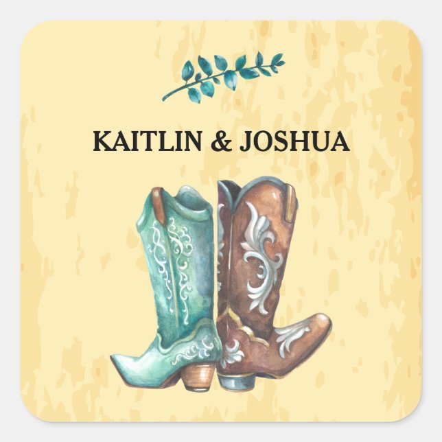 Sticker Carré Mariage Boots Cowboy 🤠 Monogramme Rustique Occide (Devant)