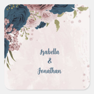 Sticker Carré mariage botanique bleu marine rose
