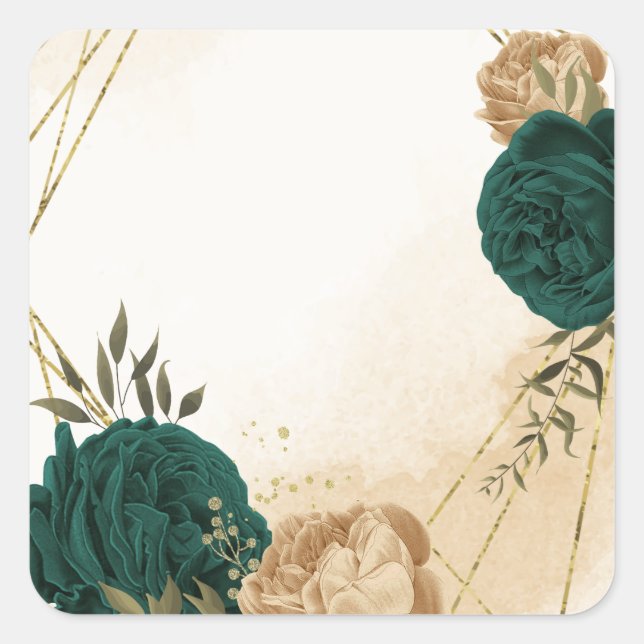 Sticker Carré Mariage botanique vert émeraude beige or (Devant)