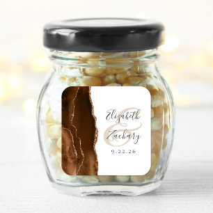 Sticker Carré Mariage Brun Mocha Script Géode d'Agate Or