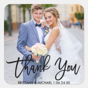 Sticker Carré Mariage Brush moderne  Couple Photo Merci