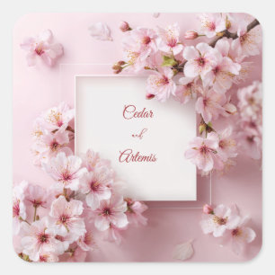 Sticker Carré Mariage Cadre Blanc Fleur de Cerisier Rose Rougiss