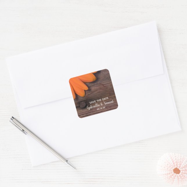 Sticker Carré Mariage campagnard de marguerite orange rustique E (Enveloppe)