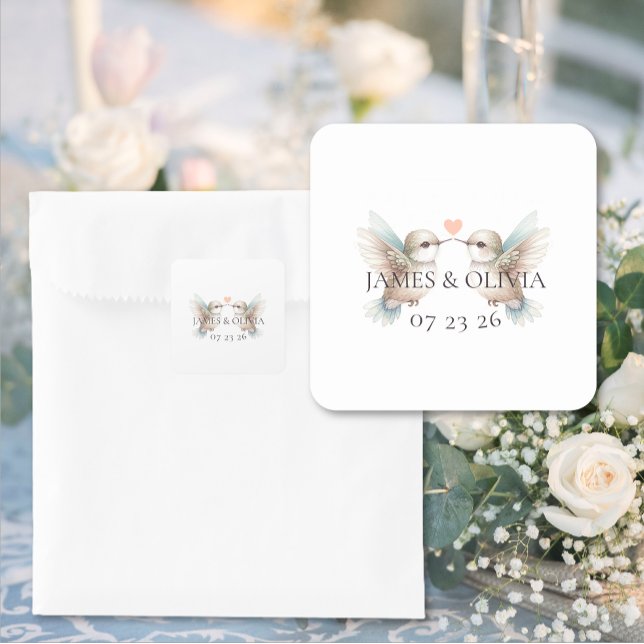 Sticker Carré Mariage cardiaque de colibri adorable sur mesure (Custom Adorable Hummingbird Heart Wedding Square Stickers)