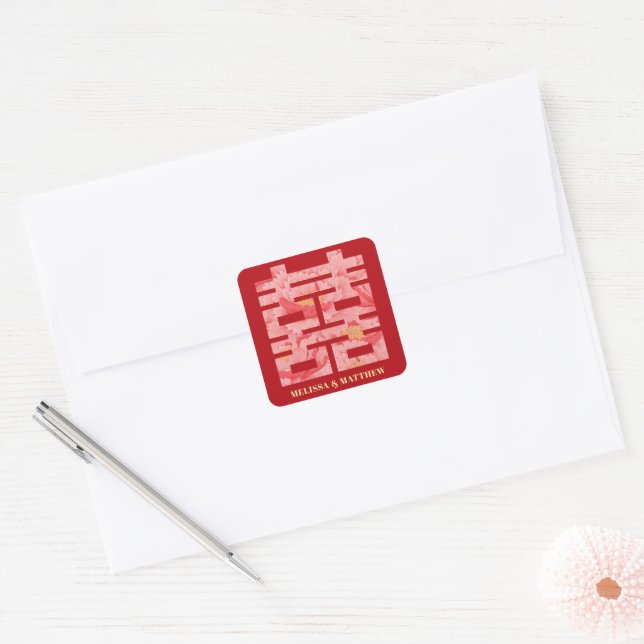 Sticker Carré Mariage chinois Red Peony double bonheur (Enveloppe)