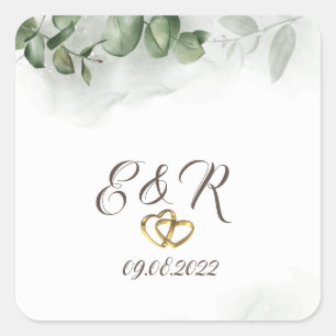 Sticker Carré Mariage coeurs de verdure d'eucalyptus aquarelle