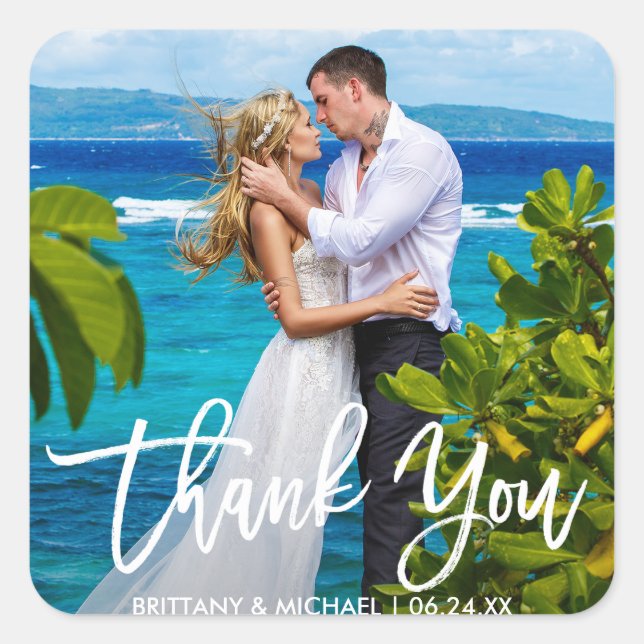 Sticker Carré Mariage Couple Photo Moderne Brush Script Merci (Devant)